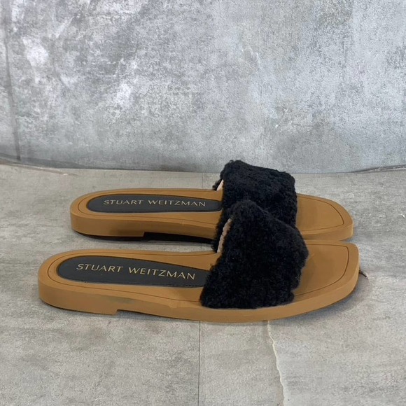 Stuart Weitzman Shoes - Stuart Weitzman Women's Black Cammy Faux-Fur Slide-On Flat Sandals SZ 6.5